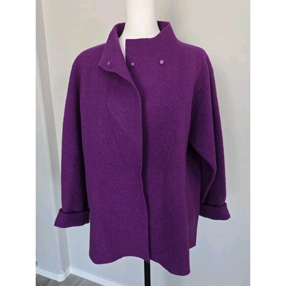 Eileen Fisher All Wool Felt Front Snap Cape Jacket Long Purple Excellent Sz S - Picture 1 of 12
